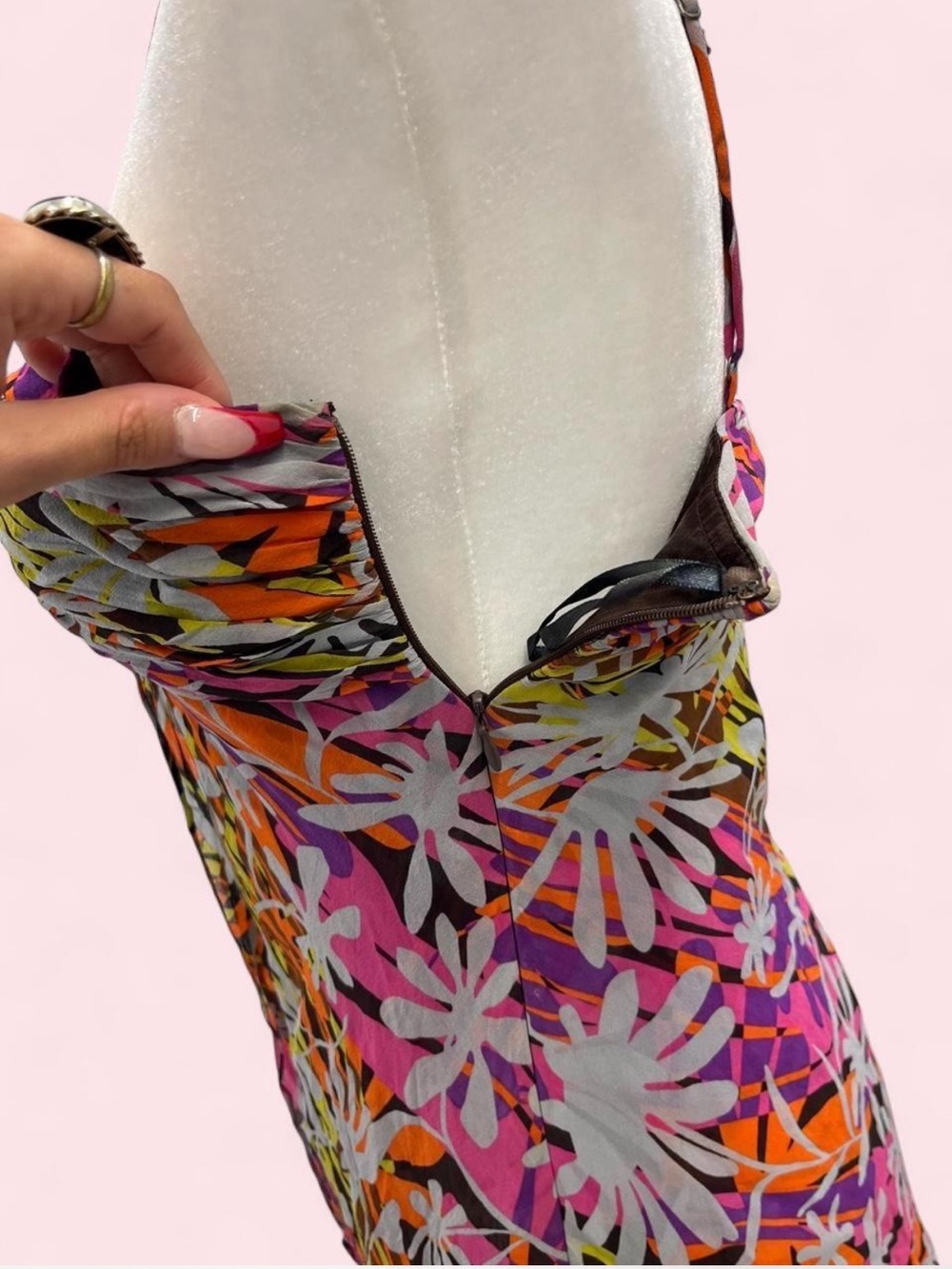 Y2K BCBG Max Azria 100% Silk Floral Halter Dress Fairy Boho - Picture 5 of 8